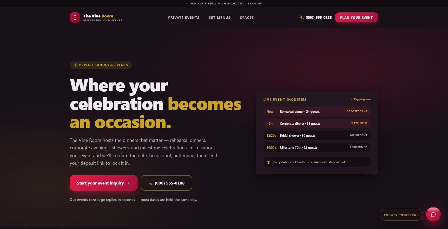 The Vine Room demo site preview