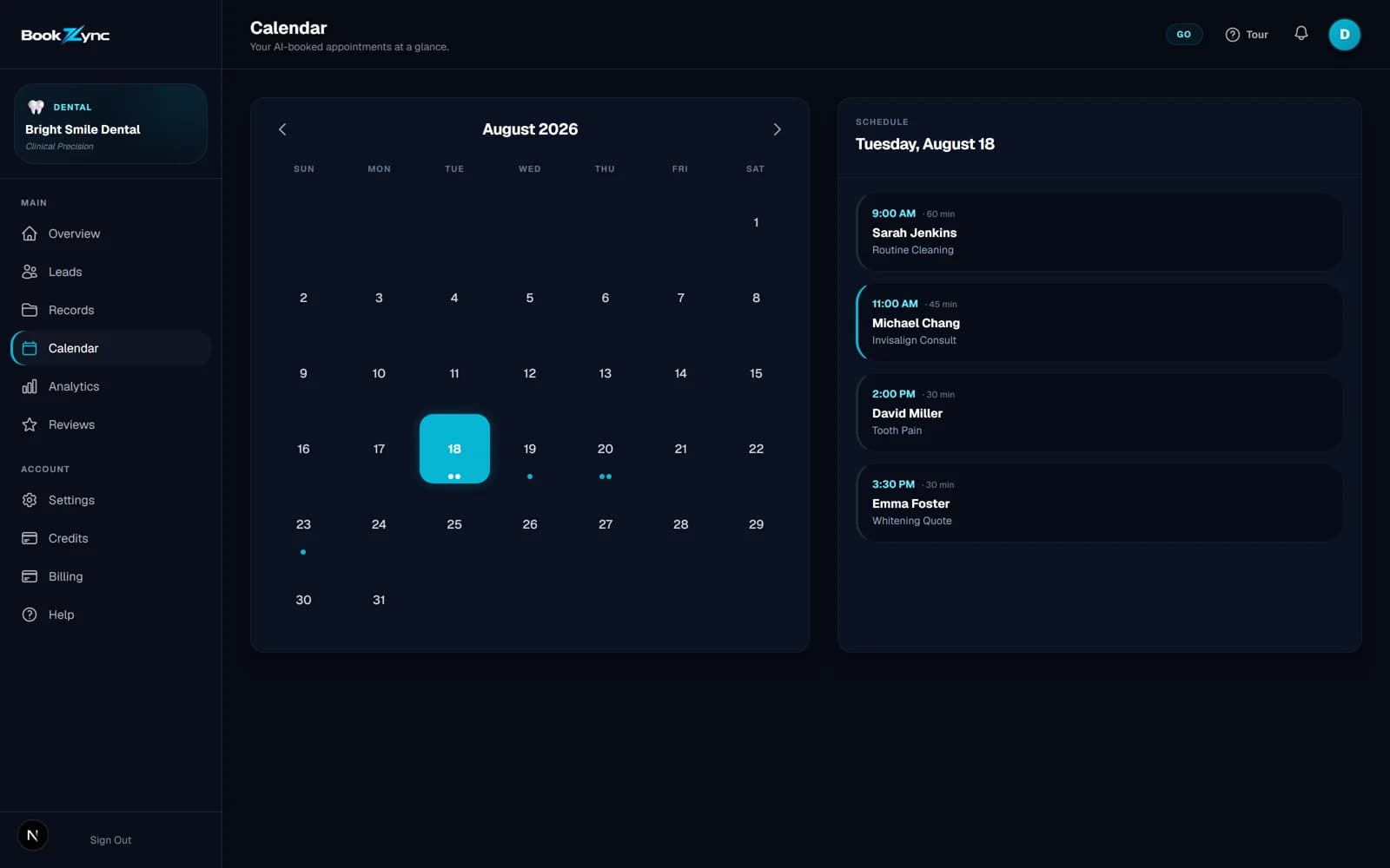 BookZync calendar with AI-booked appointments and the day's schedule — Dental