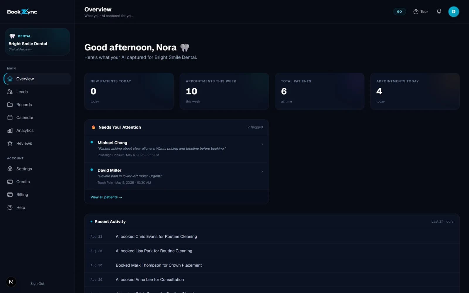 BookZync Go dashboard overview — Dental