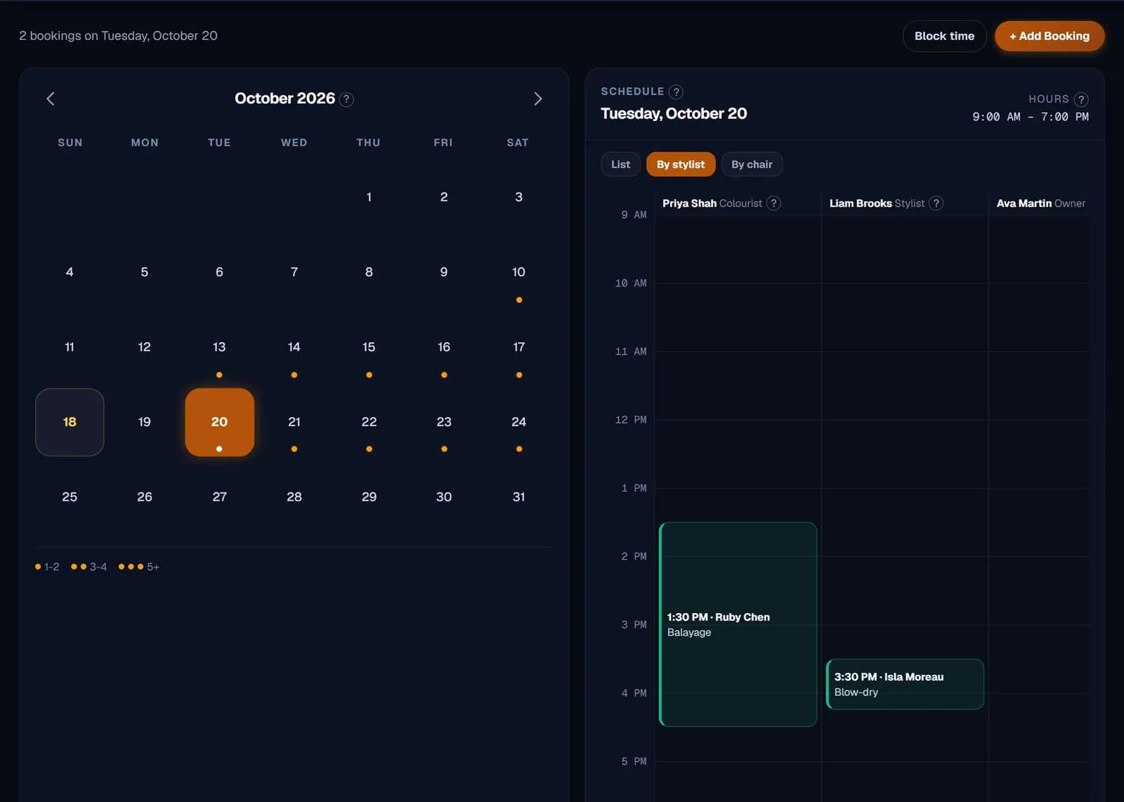 The salon calendar in the By stylist view: a colourist, a stylist and the owner side by side
