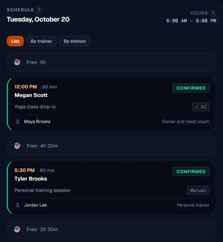 One day on the gym calendar: a yoga drop-in booked by the AI with the head coach, and a personal-training session