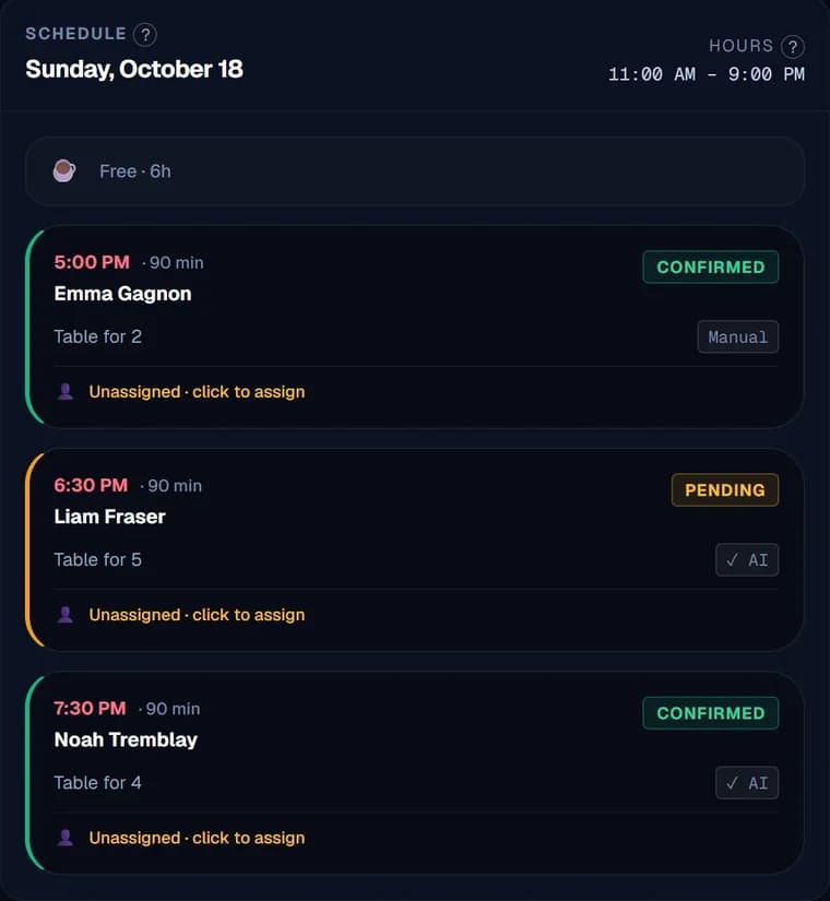 The Events Calendar for one evening: three bookings, two confirmed and one pending, two of them taken by the AI