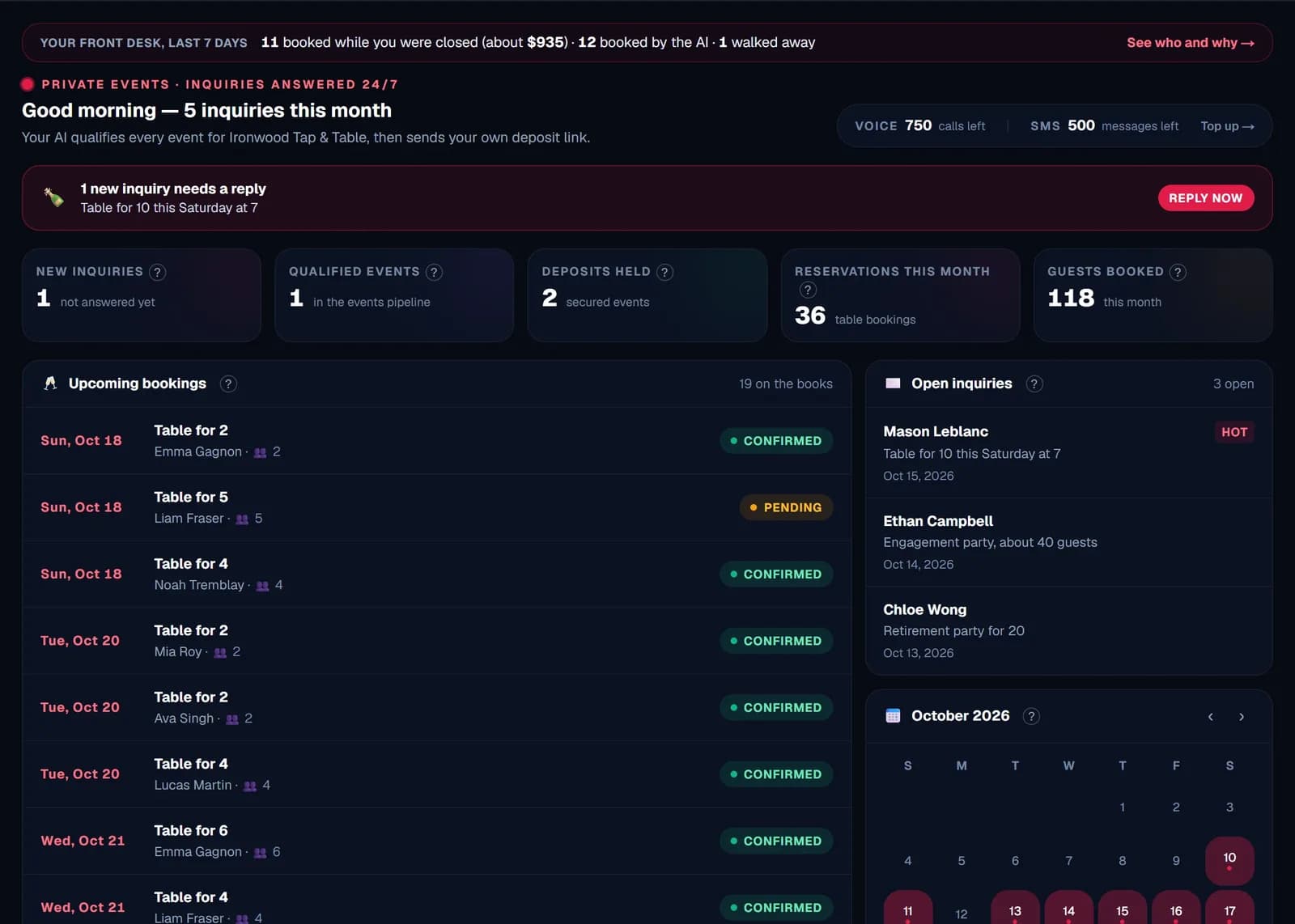 The restaurant's home screen: a reply-now banner, inquiry and booking counts, upcoming bookings and open inquiries